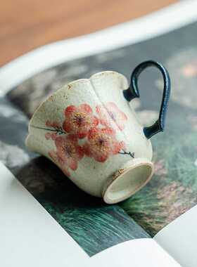 青花火石红纯手绘梅花花瓣爱心把杯陶瓷带把防烫家用闻香杯小茶杯