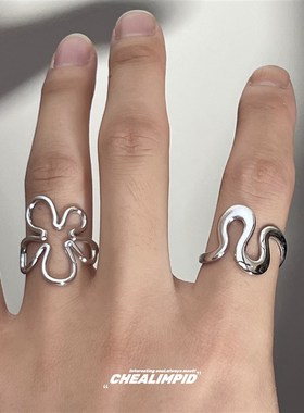 CHEALIMPID/.不规则线条z几何金属波浪花朵钛钢戒指潮男女开口指