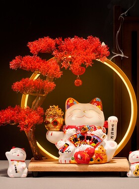 招财猫灯圈大号摆件电动摇手收银台家居店铺开业创意礼品陶瓷摆件