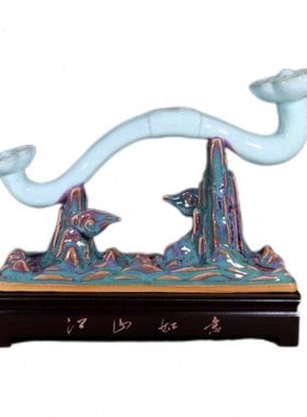 禹州钧瓷家居装饰新中式陶瓷器办公室如意摆件礼盒装钧窑江山如意