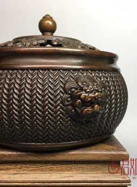 仿古典雅铜盘香香炉摆件全铜六字真言八宝雕花狮头熏香炉宣德铜炉