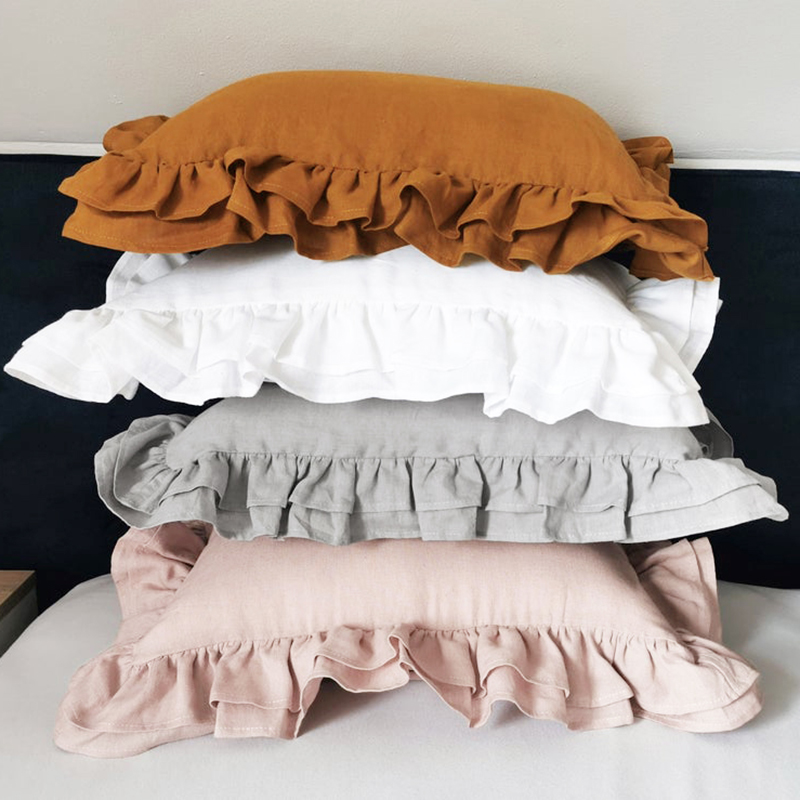 亚麻纯色花边单人枕l套一只装荷叶边枕套欧美轻奢公主风48*74定制 - 图1