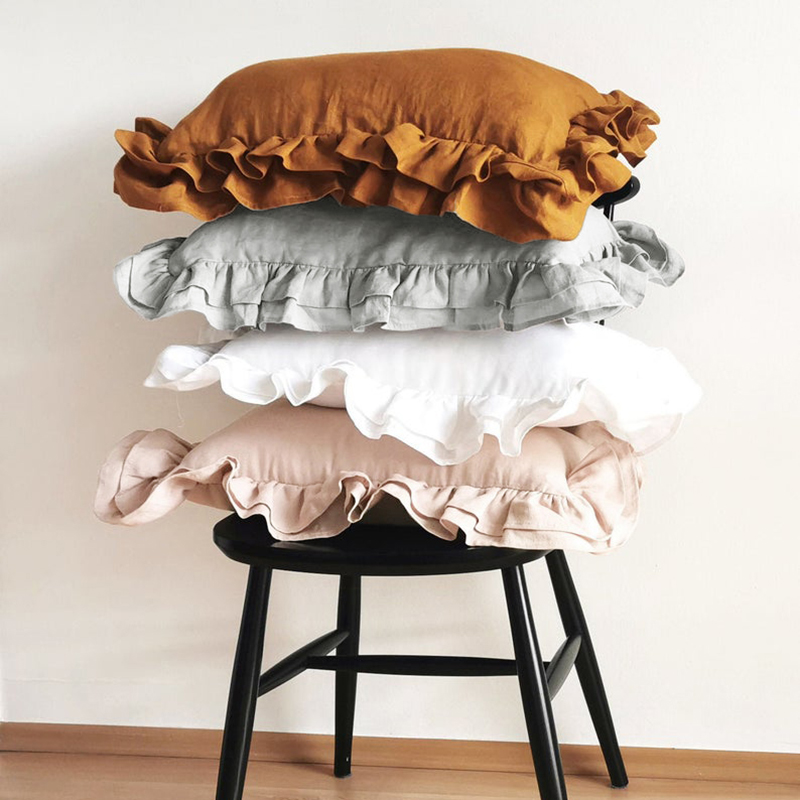 亚麻纯色花边单人枕l套一只装荷叶边枕套欧美轻奢公主风48*74定制 - 图0