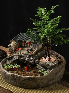 桌面微景观小鱼缸流水摆件循环水客厅办公室装饰开业乔迁新居礼品