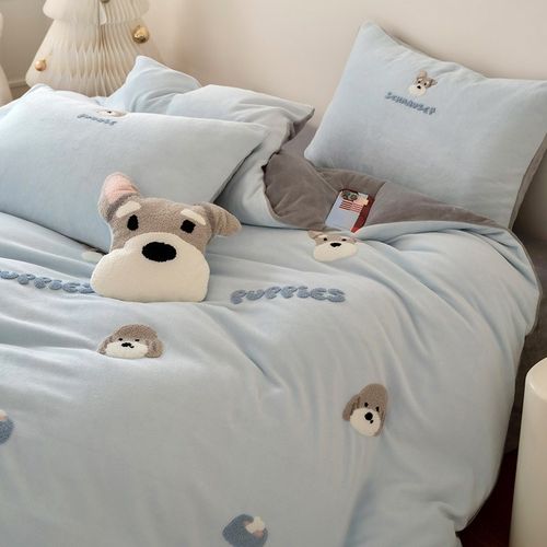 冬季卡通全消e光加厚牛奶绒四件套小狗毛巾绣保暖1.2m被套床品蓝 - 图2