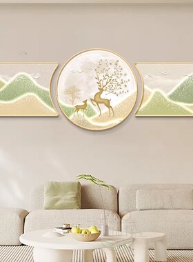 现代轻奢暖金山水三联背景墙挂画