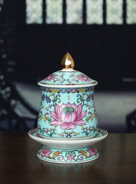 珐琅彩莲花套装 陶瓷家用香炉供杯果盘神台花瓶拜神佛具用品大全