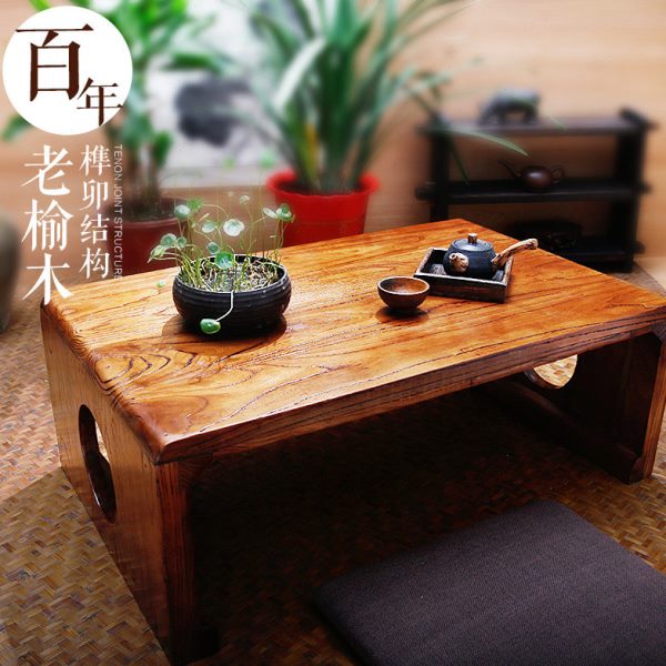 Old elm tatami coffee table, Kang table, solid wood bay window table, low table, window sill table, small table, free 2 cushions