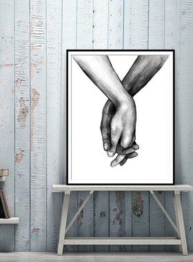 高清简约单幅白底牵手LOVE爱心手家居装修挂画背景墙喷绘画货源