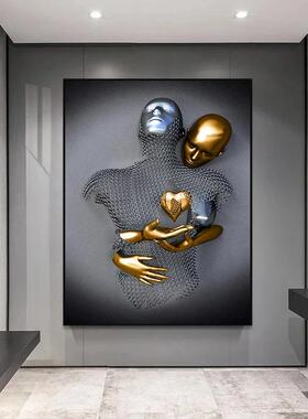 优质PS外框三联黑色和金色的爱心人物雕像喷绘油画帆布画酒店家居