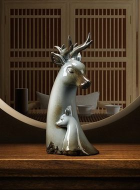 久造陶瓷母子鹿创意摆件中式家居客厅电视柜招财梅花鹿工艺品装饰