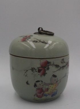 清雍正粉彩人物婴戏图茶叶盖罐 古董瓷器 古玩收藏品书房摆件仿古