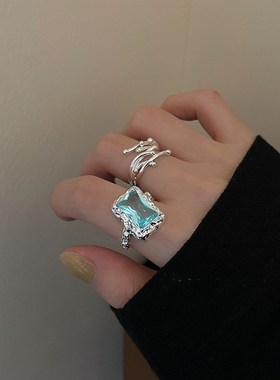 日韩S925银蓝色锆石戒指女复古时尚个I性线条交叉开口指环食指戒