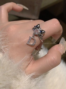 粉色系列戒指~锆石超闪!高级感爱心开口M可调节食指戒素圈指环女