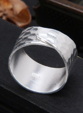 泰银S990足银纯手工敲打光面戒面锤纹敲面指环百搭男女款开口戒指
