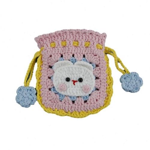 新款编织祖母方格兔头束口包手工毛线钩织零钱袋甜美卡通手作小包 - 图3
