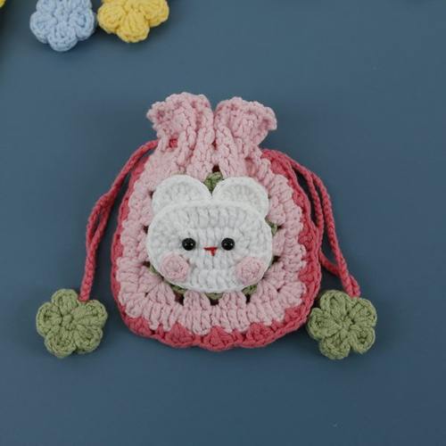 新款编织祖母方格兔头束口包手工毛线钩织零钱袋甜美卡通手作小包 - 图1