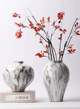 新中式陶瓷水墨花纹花器摆件样板间售楼处隔断层客厅玄关处装饰品