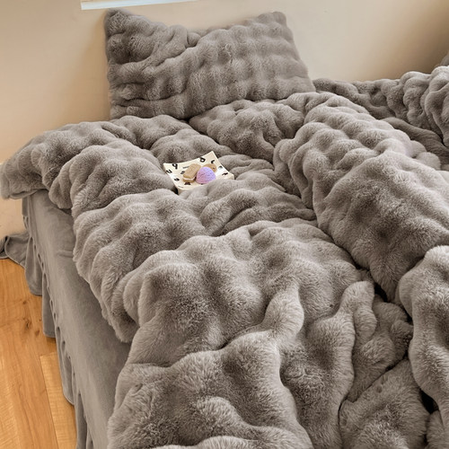 冬季加绒加厚獭兔绒床上四件套公主风双L面毛绒珊瑚牛奶绒床被套 - 图1