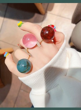 个性彩色透n明半圆开口戒指少女