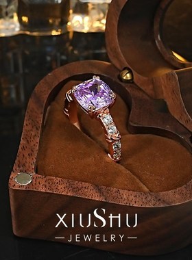 简约925银百搭紫色大r冰糖戒指镶嵌4克拉炫彩冰花切意大利工艺爆