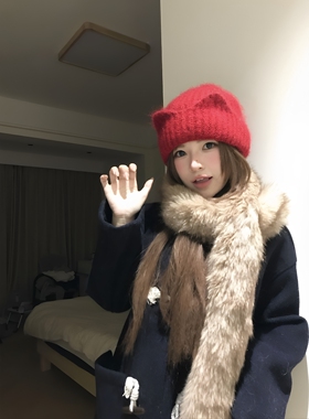 猫耳帽红色针织可爱立体猫耳帽