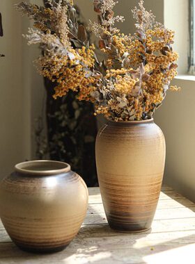 复古手工陶瓷插花瓶子酒店民宿家居装饰摆件禅意侘寂风田园粗陶罐
