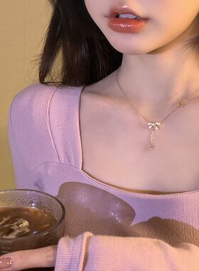 法式蝴蝶结流苏项链女复古锆石吊坠轻奢ins小众设计感高级锁骨链