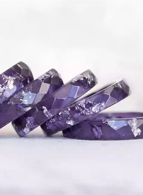 狮心兔 半透明深紫色戒指 银箔B片戒指 菱角面切面树脂戒情侣戒