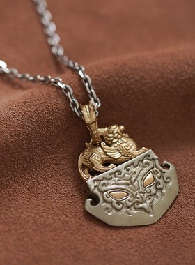刻己复古中国风项链吊坠霸气貔貅斧钺府上有龙招财个性男挂件饰品