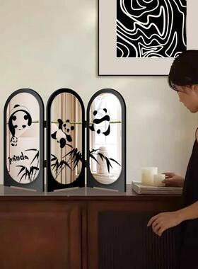 熊猫桌面竹林三宝屏风子装小饰摆玄关柜电视柜复古小摆画客厅高级