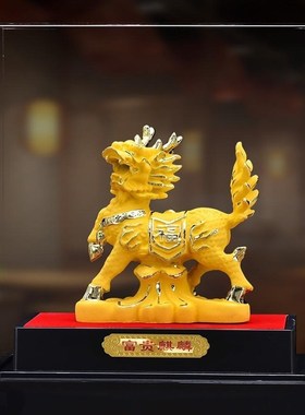 绒沙金招a财麒麟摆件一对客厅办公室玄关酒柜送子旺财纳福开业礼
