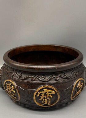 仿古纯铜双耳兽耳聚宝盆铜器工艺品家居办公室吧台玄关装饰摆件