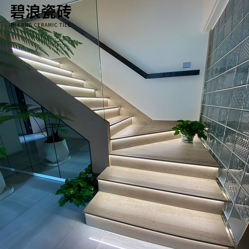 大理石木纹楼梯踏步梯级地砖别墅公寓室外台阶R一体式防滑瓷砖哑 - 图2