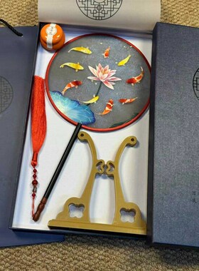 苏绣纯手工双面绣花复古团扇古风扇国风长柄扇子工艺扇三件套送礼