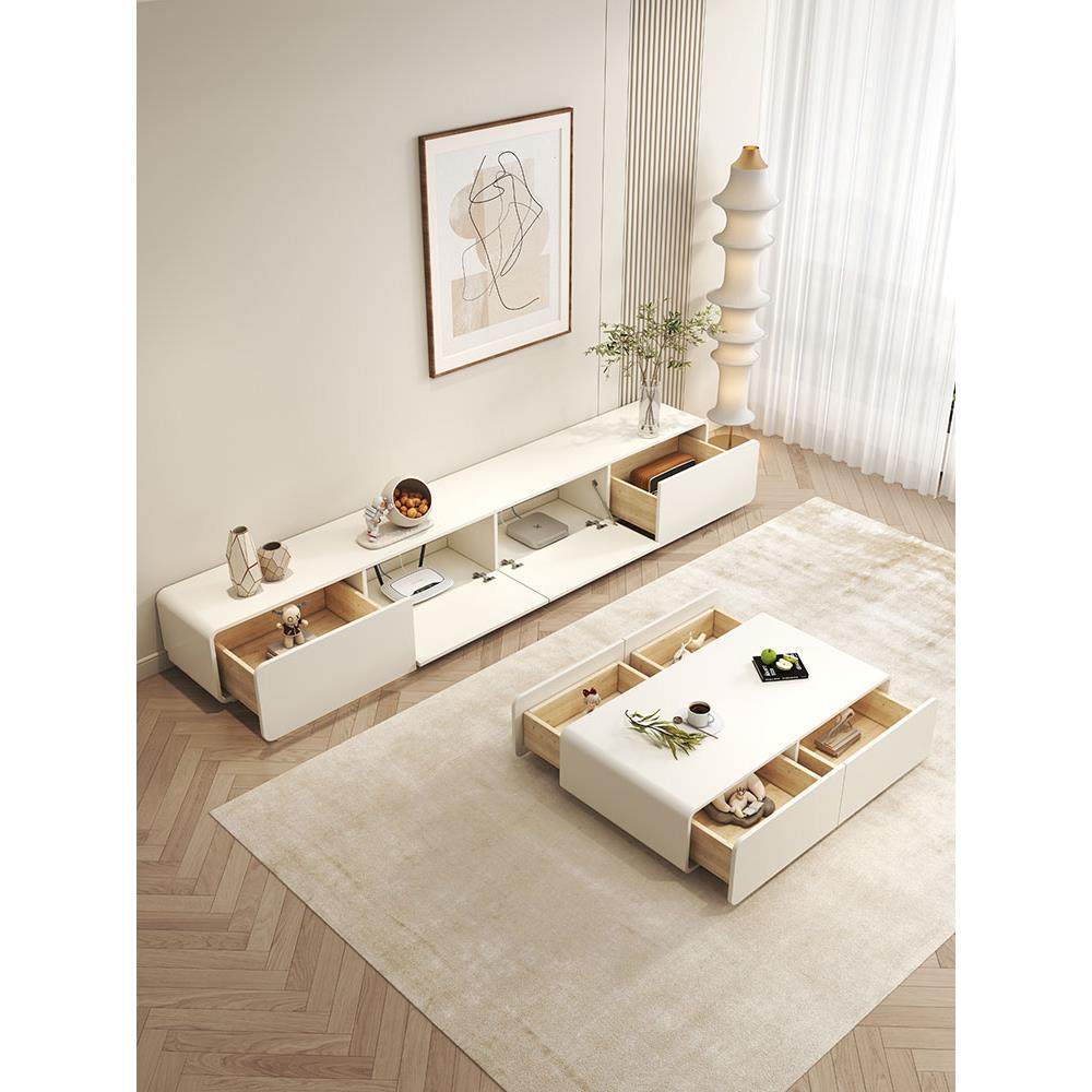 奶油风电视柜茶几组合现代简约实木圆角客厅家用白色落地电视柜,淘宝优惠券,粉丝福利购,淘宝优惠卷