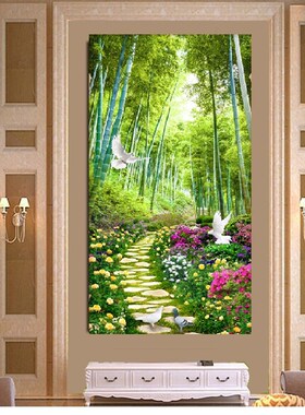 客厅走廊过道玄关装饰画竖版单幅绿色竹林风景竹子无框画挂画壁画
