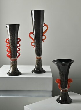 法式黑色中古琉璃高脚花瓶古典风餐边柜桌面软装高级感玻璃插花瓶