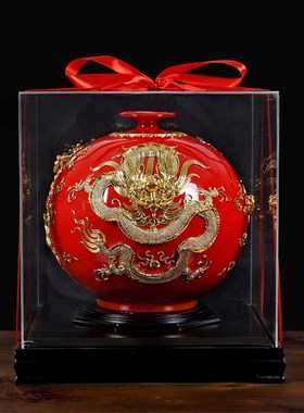 厦门漆线雕中国红釉花瓶双龙乔迁送礼新居礼物摆件电视柜摆件高档