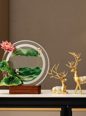 创意荷花流沙画摆件办公室客厅轻奢高级感玻璃动态解压装饰品礼物