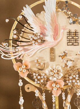 团扇新娘结婚长柄双圈古风秀禾团扇结婚中式红色手工成品diy材料