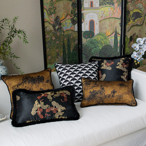 中国风轻奢沙发抱枕高级感靠垫复古新中式腰枕靠背老虎刺绣靠包套 - 图0