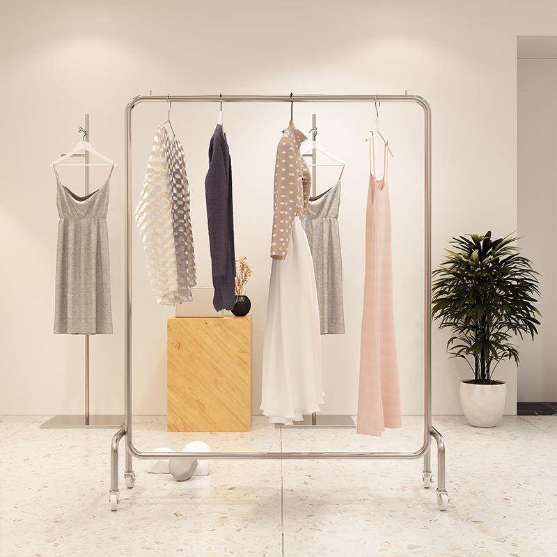 服装店挂衣杆落地式不锈钢拉丝银男女装店中岛展示架带轮陈列货架,淘宝优惠券,粉丝福利购,淘宝优惠卷