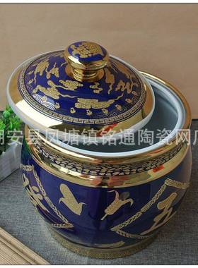 圆形陶瓷米缸米桶储米箱防潮储罐五谷丰收圆肚形缸20斤带盖储物罐