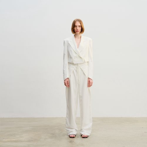 APARALLEL枪驳领拼毛边短款西服脚口开衩直筒西裤双层下摆短西服 - 图1