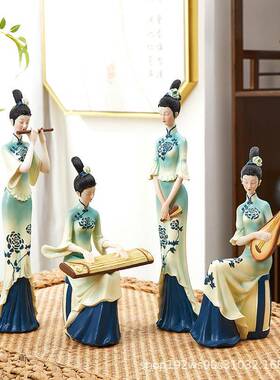 中国风只青绿摆件中式装国古典TOY仕女潮高档客厅玄关此酒柜轻奢