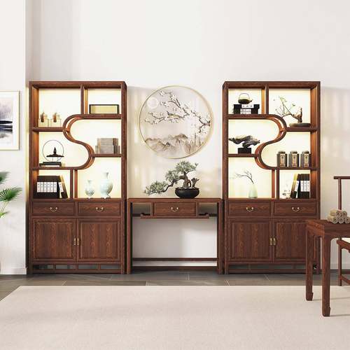 博古架实木中式茶室置物架展示架书房三组合书柜新中式书架多宝阁 - 图0