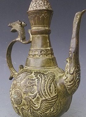 仿古纯铜龙凤酒壶茶壶龙凤图案酒壶铜器收藏家居饰品办公室摆件