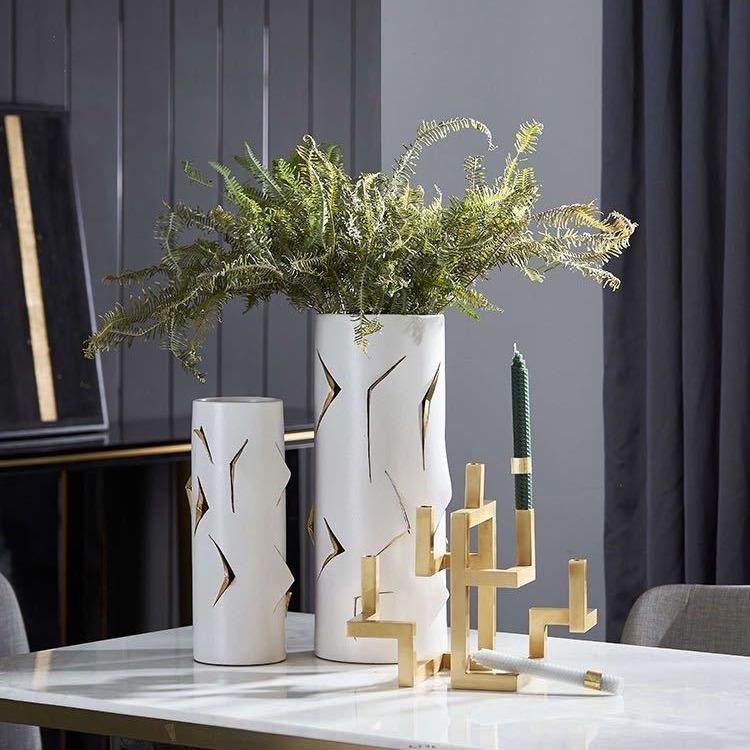 意式轻奢金色圆边陶瓷花瓶创意极简不规则切割镂空花器样板房饰品,淘宝优惠券,粉丝福利购,淘宝优惠卷