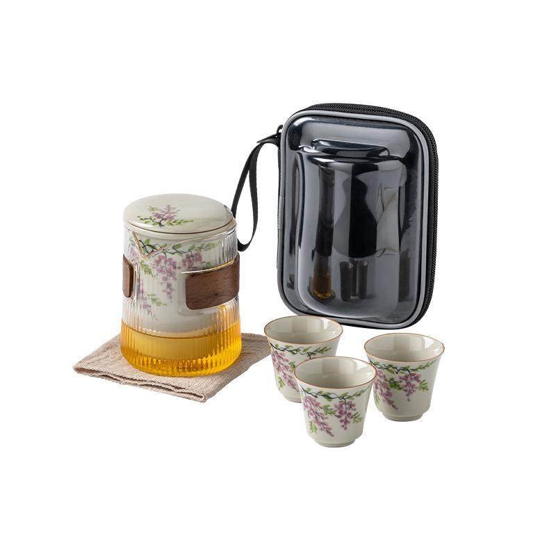 草木灰釉下彩手绘紫藤花旅行茶具套装户外便携式快客杯一壶三杯,淘宝优惠券,粉丝福利购,淘宝优惠卷